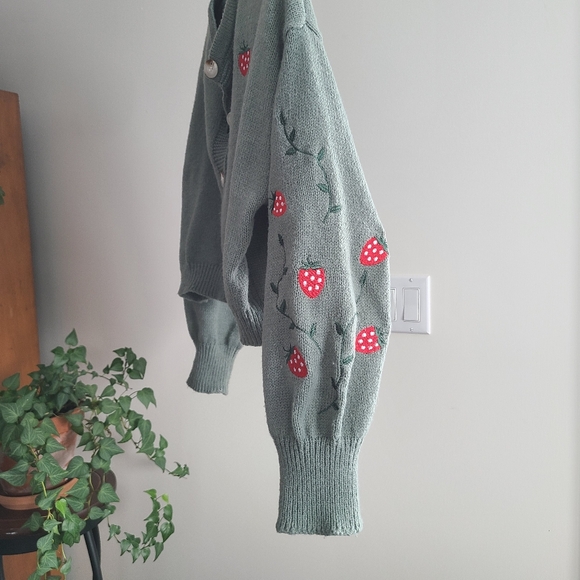 Sage Green Cropped Strawberry Cardigan - Picture 6 of 12
